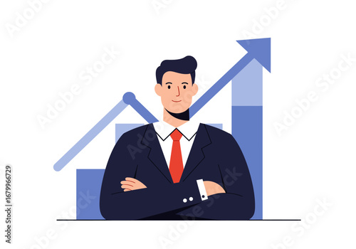 Man in suit stands before a rising graph arms crossed