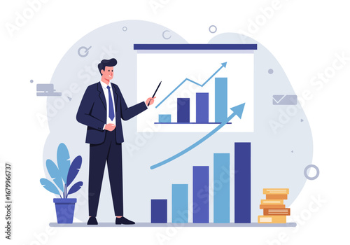 Man presents a growing graph using a pointer with additional bars and book stack visible