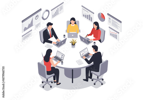 People at round table with laptops charts and a plant in gray chairs