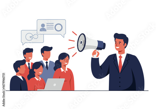 Man with megaphone addresses colleagues speech bubbles floating above them a laptop sits on a desk