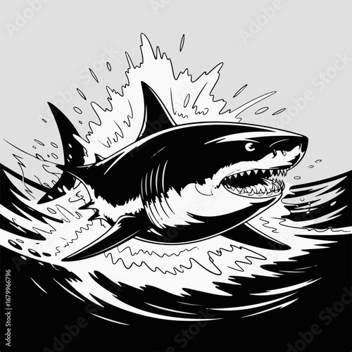 A powerful great white shark emerges from ocean waves in a bold graphic illustration.