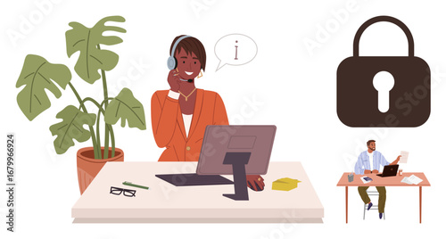 Woman wearing a headset assisting at a desk with secure lock icon. Male colleague at a separate desk. Ideal for customer service, data security, communication, teamwork, remote work, privacy