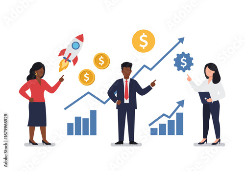 Three businesspeople point at money gears graphs  a rocket to demonstrate financial success
