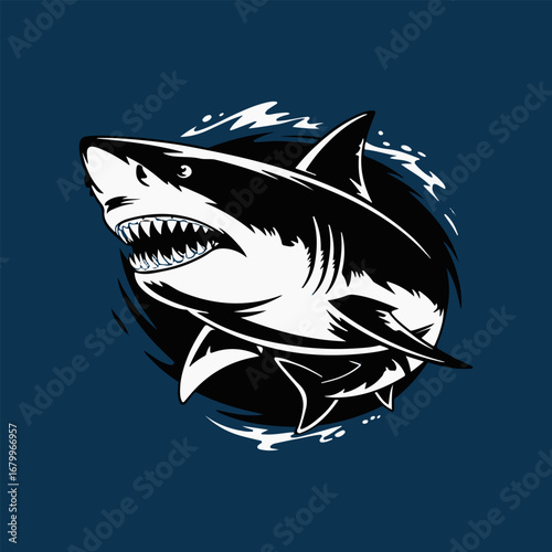 A stylized illustration of a great white shark with open jaws, surrounded by water.