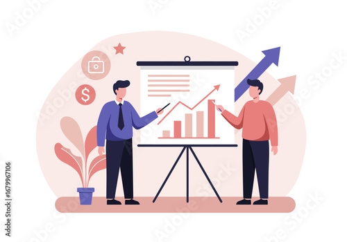 Two figures present an upwardtrending bar graph on a presentation board