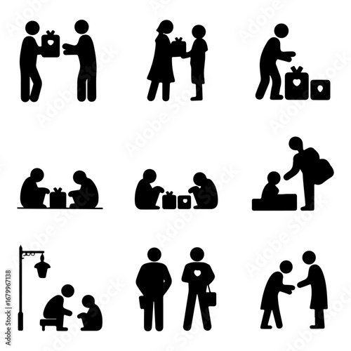 Nine simple pictograms depict acts of giving, sharing, and charity, showcasing human kindness and generosity.