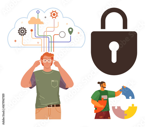 Man contemplating ideas with networked cloud above, black lock symbolizing security, and a person assembling puzzle pieces. Ideal for creativity, teamwork, problem solving, innovation, security