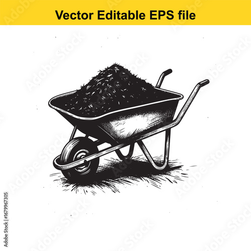 Black and white illustration of a wheelbarrow filled with soil, isolated on white background