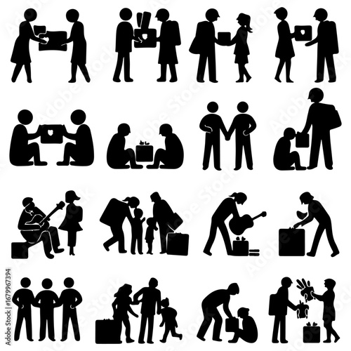 Silhouette illustrations of people engaged in various social interactions, including gift-giving, package delivery, and shared activities.