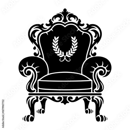 Ornate black silhouette of a regal armchair, featuring a laurel wreath emblem.