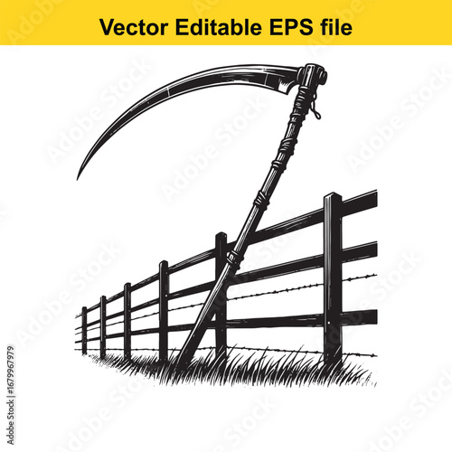 A grim reaper scythe leaning against a wooden fence with barbed wire