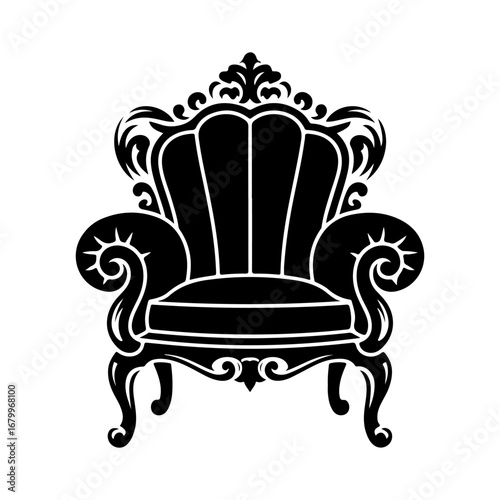 Ornate black silhouette of a luxurious antique armchair, showcasing intricate details and regal design.