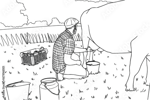 A vibrant, high-contrast scene of people hand-milking cows in a stylized open grassy field with a unique striped pattern