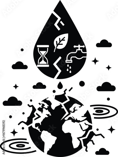 Symbolic art depicting a cracked water drop over a parched planet Earth, highlighting an environmental crisis.