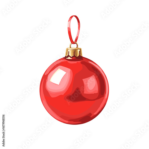 Shiny red Christmas bauble ornament hanging on a ribbon. Festive holiday decoration illustration isolated on a white background.