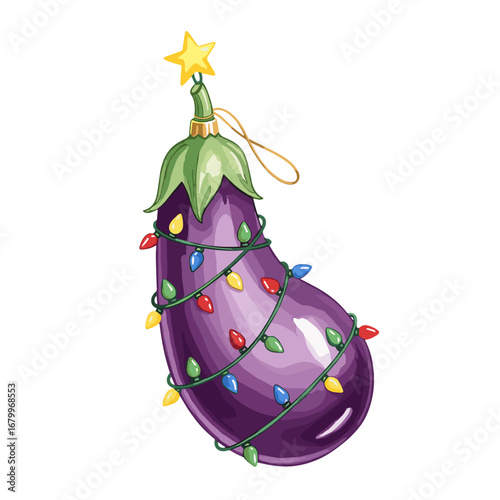 Funny eggplant Christmas tree ornament with colorful lights and a star. Quirky vegetable holiday decoration isolated on a white background.