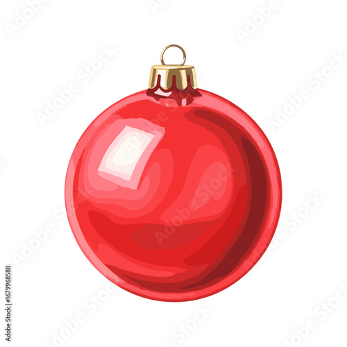 Shiny red Christmas ball ornament isolated on a white background. Glossy festive bauble illustration for holiday decoration. Vector style Christmas tree toy.