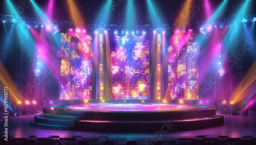 Vibrant stage with colorful LED screen and dynamic lighting
