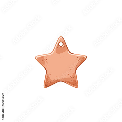 Cartoon illustration of a copper star-shaped tag. Shiny bronze medal or pet ID charm with a hole, isolated on a white background.