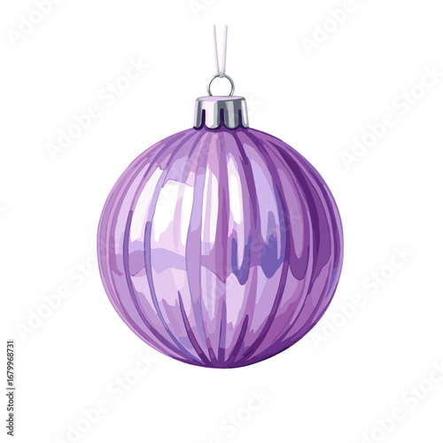 Purple ribbed Christmas bauble ornament illustration. Shiny glass holiday decoration hanging on a string, isolated on a white background.