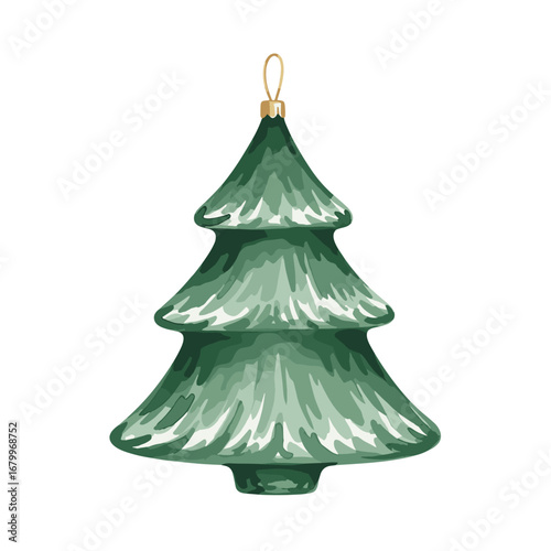 Green Christmas tree ornament illustration. Festive holiday decoration isolated on white background. Watercolor style fir tree bauble for seasonal design.