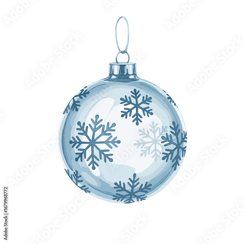 Watercolor illustration of a blue Christmas bauble with snowflake patterns. Festive holiday ornament isolated on a white background.