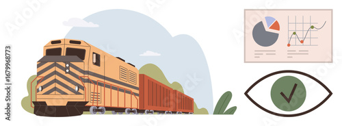 Freight train moving on tracks paired with analytics chart and eye symbol with checkmark. Ideal for monitoring, logistics, transportation, analytics, efficiency, tracking solutions, progress. Simple