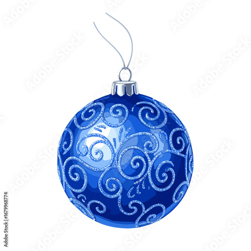 Blue Christmas ornament with silver glitter swirls. Festive holiday bauble illustration isolated on a white background. Winter decoration.