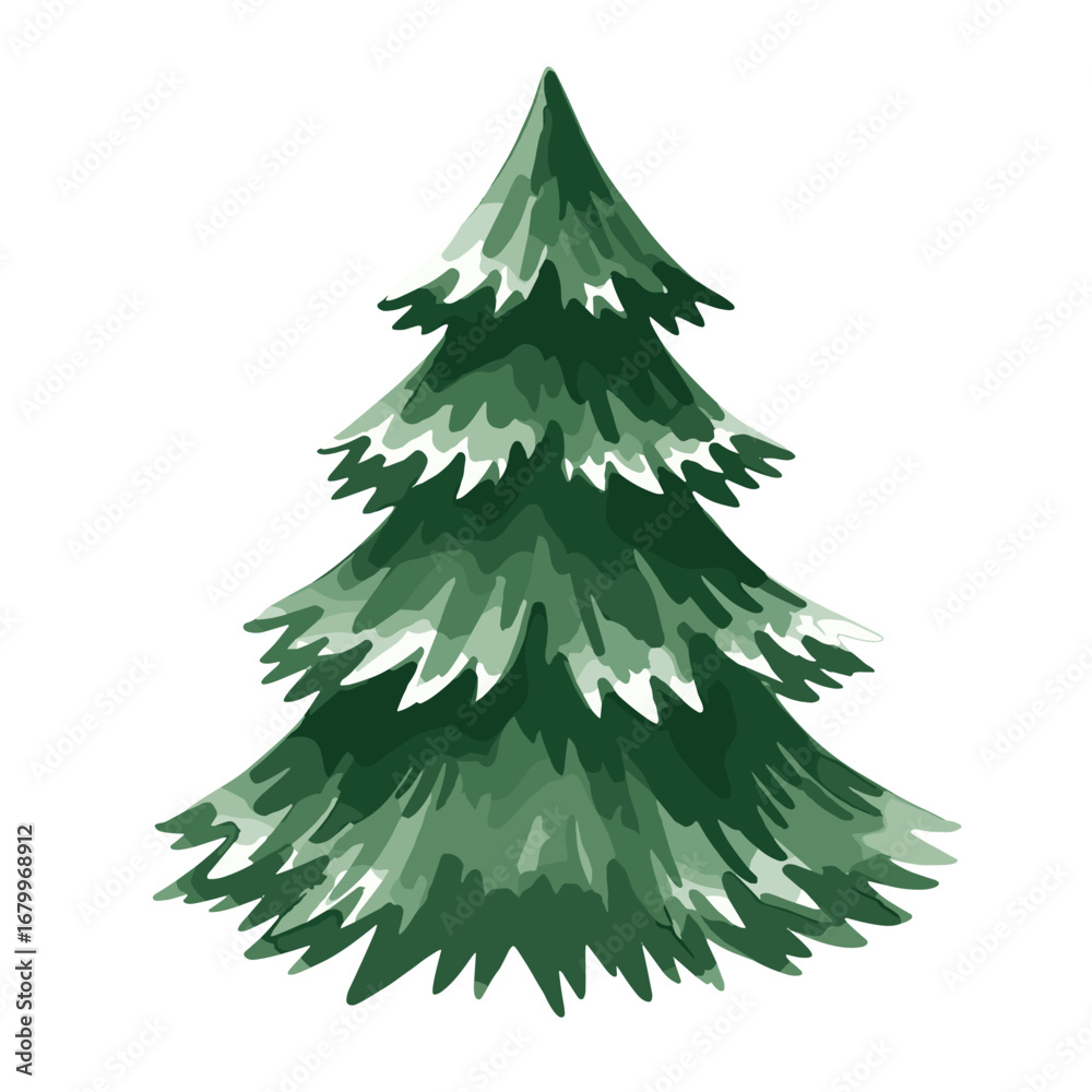 Obraz premium Stylized green pine tree illustration with snow on the branches. Hand drawn winter fir tree for Christmas holiday design, isolated on a white background.