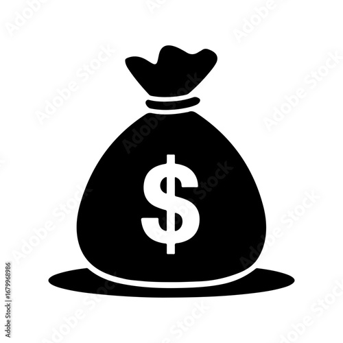 A simple black silhouette of a money bag, filled with dollars, sitting on a flat surface.