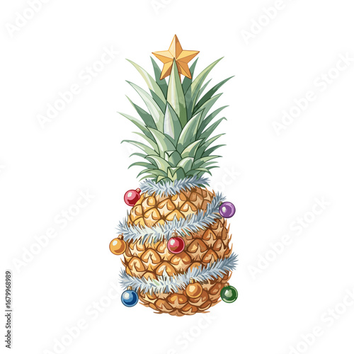 A festive pineapple decorated like a Christmas tree with a star, tinsel, and colorful ornaments. A creative and tropical holiday concept illustration isolated on a white background.