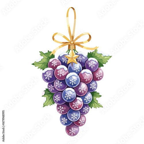 Festive watercolor illustration of a grape cluster Christmas ornament with snowflakes, a gold bow, and snow. Unique holiday decoration isolated on a white background.