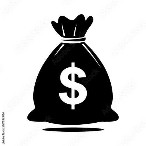 A stylized black and white illustration of a full money bag with a dollar sign.