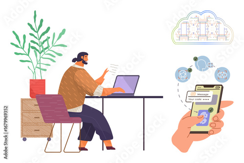 Professional at desk using laptop, hand holding smartphone receiving security code. Ideal for cybersecurity, online safety, multifactor authentication, mobile technology, workplace productivity