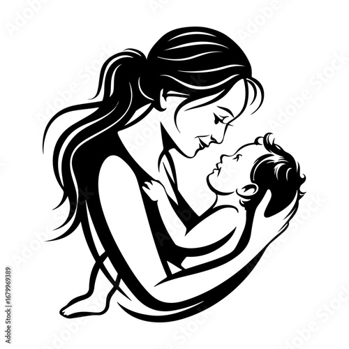 A mother tenderly cradles her infant child, their faces close in loving connection.