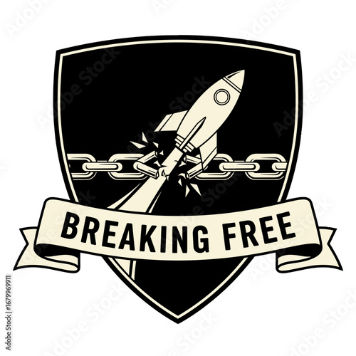 Breaking Free. A rocket ship launching and breaking chains in a vintage-style emblem. Conceptual illustration of liberation, progress, and innovation.