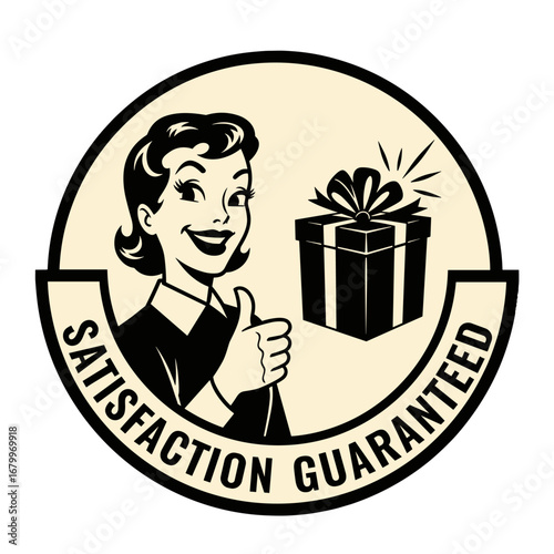 Satisfaction Guaranteed vintage style illustration of a happy woman giving a thumbs up. Retro graphic of a female customer with a gift box.