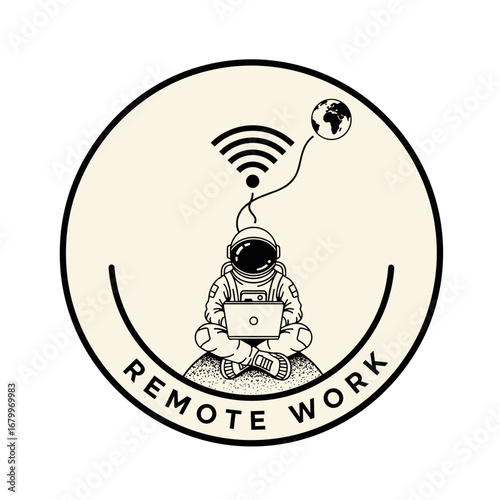 Remote Work. Astronaut working on a laptop in space. Spaceman with computer connected to the world via wifi. Digital nomad and freelance concept illustration.