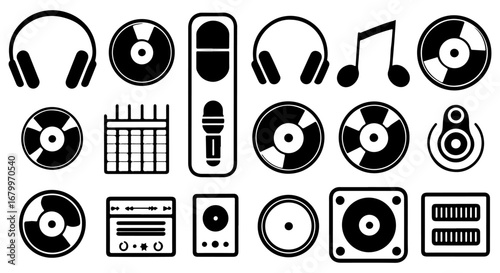 A collection of various black and white music-related icons and symbols.