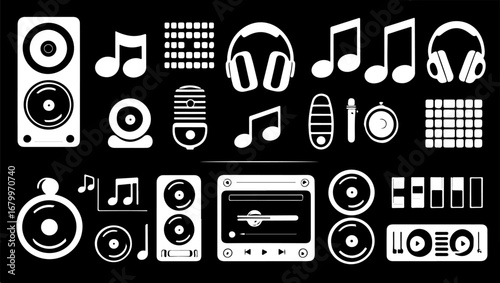 Collection of music production and audio equipment icons.