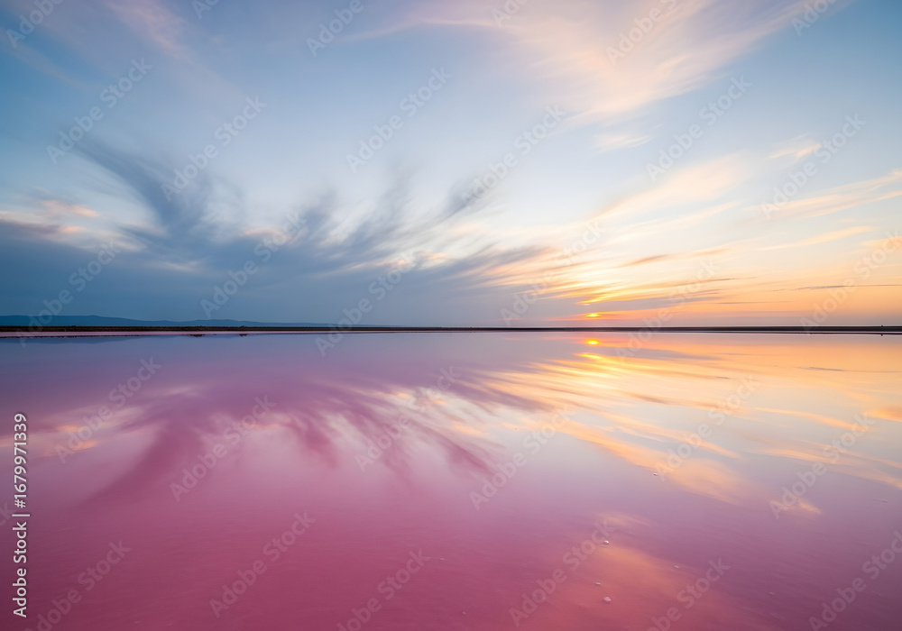 Fototapeta premium Sunrise and sunset paint the sky with a vibrant mix of orange, blue, and pink over the tranquil ocean, creating a beautiful reflection on the water