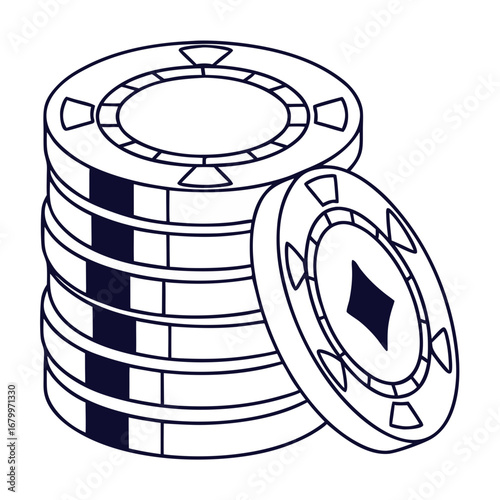Casino Chips Stacked: An eye-catching, detailed illustration showcasing a stack of casino chips, with one chip positioned to its side. Ideal for gambling-related themes and designs.