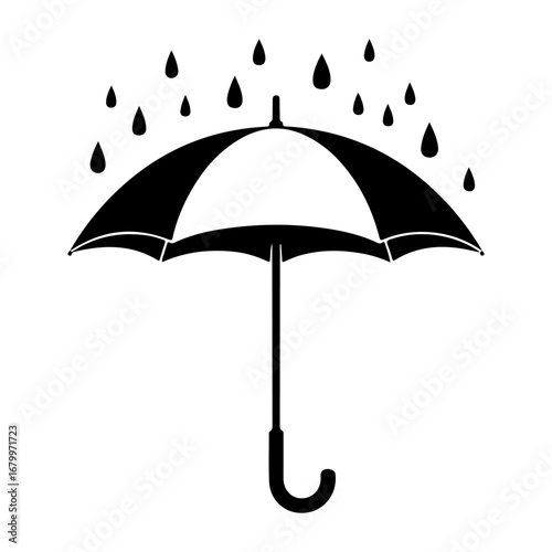 Black and white illustration of an umbrella with raindrops falling from above.