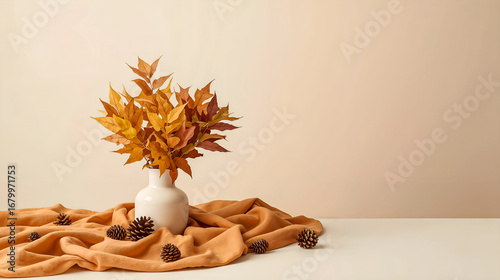 Still life with autumn leaves in white vase, pinecones, and soft fabric on beige background. Warm seasonal decoration concept.