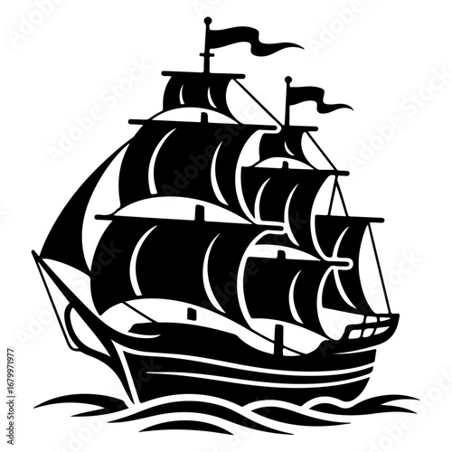 Silhouette of a classic sailing ship with billowing sails and flags, sailing on waves.