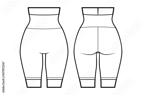 Women’s lingerie technical flat sketch. Pantaloons for stockings, front and back view, fashion design template. Women’s underwear or sportswear. Isolated on white.