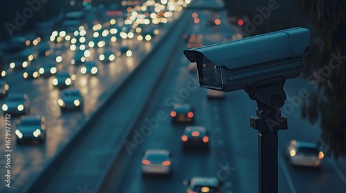 Traffic surveillance camera monitoring highway at night for safety and security enforcement purposes