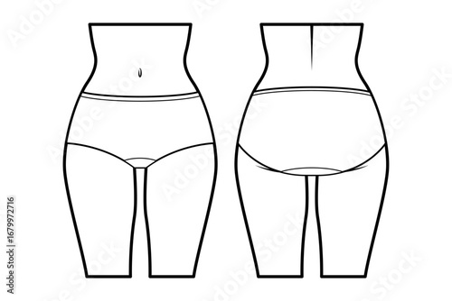 Women’s lingerie technical flat sketch. classic briefs panties for stockings, front and back view, fashion design template. Women’s underwear. Isolated on white.
