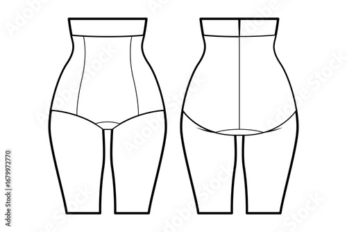 Women’s lingerie technical flat sketch. tummy control panties for stockings, front and back view, fashion design template. Women's underwear. Isolated on white.
