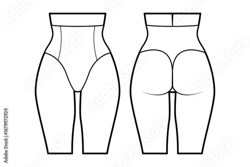 Women’s lingerie technical flat sketch. shaping thongs for stockings, front and back view, fashion design template. Women’s underwear. Isolated on white.